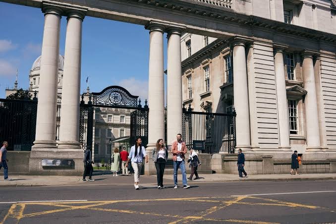 Authors walking past Government Buildings in Dublin city centre